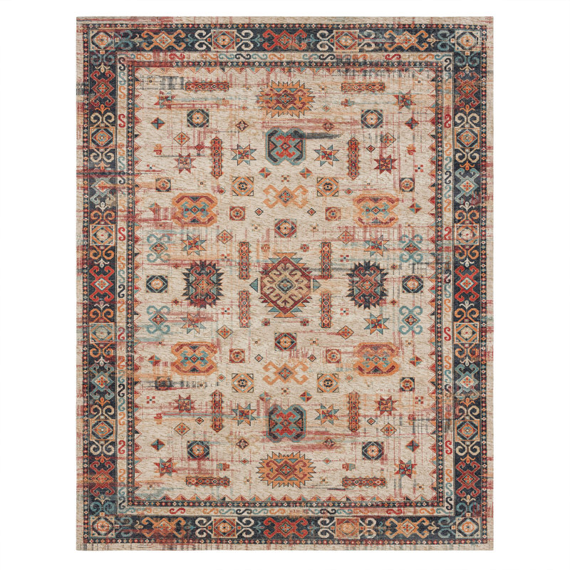 Beige and Multicolor 8' x 10' Wool Chenille Rectangular Area Rug