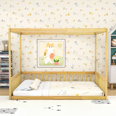 Wood Canopy Floor Bed With Guardrails