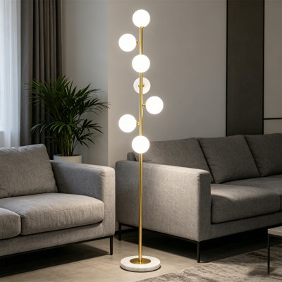 Lampe sur pied à 7 poteaux dorés 7 lumières 70 po, verre givré et base en marbre, 3 lumières DEL à température variable, sans éblouissement pour le bureau