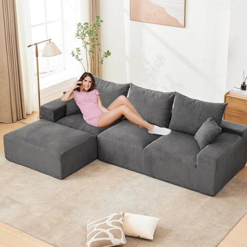 110" Oversized L-Shaped Sectional Sofa with Right Chaise, Cloud Couch with Corduroy & Memory Foam, Includes Throw Pillows