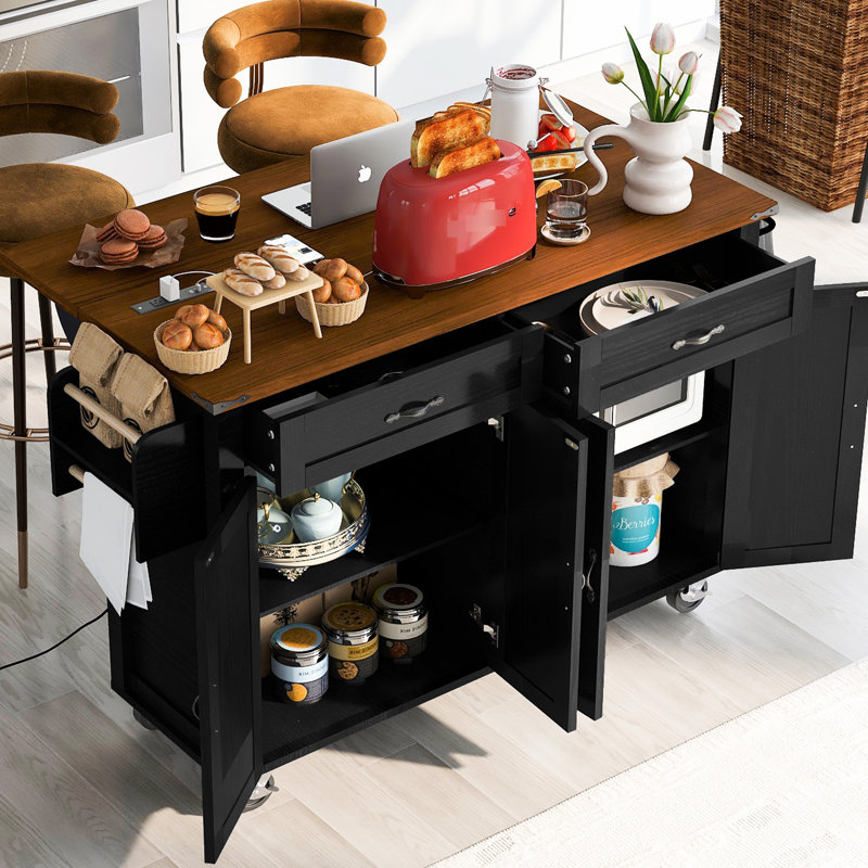 Rolling Kitchen Island With Power Outlet, Drop Leaf, Spice Rack, Drawer, 53.5''W X 28.47''D 36.5''H, Black Style Cart, 36.5''H For Use