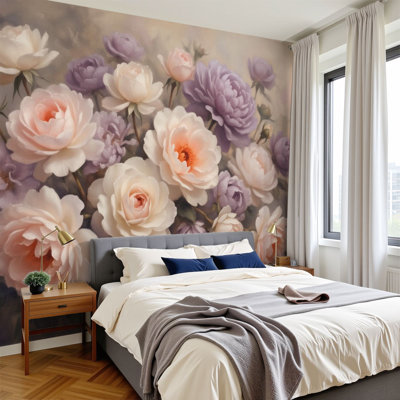 Papier peint pelez et collez, pivoine mauve douce, bouquet de pétales délicats, papier peint amovible en PVC, H 100 po x l 144 po, pour chambre, bureau à domicile, bureau à domicile