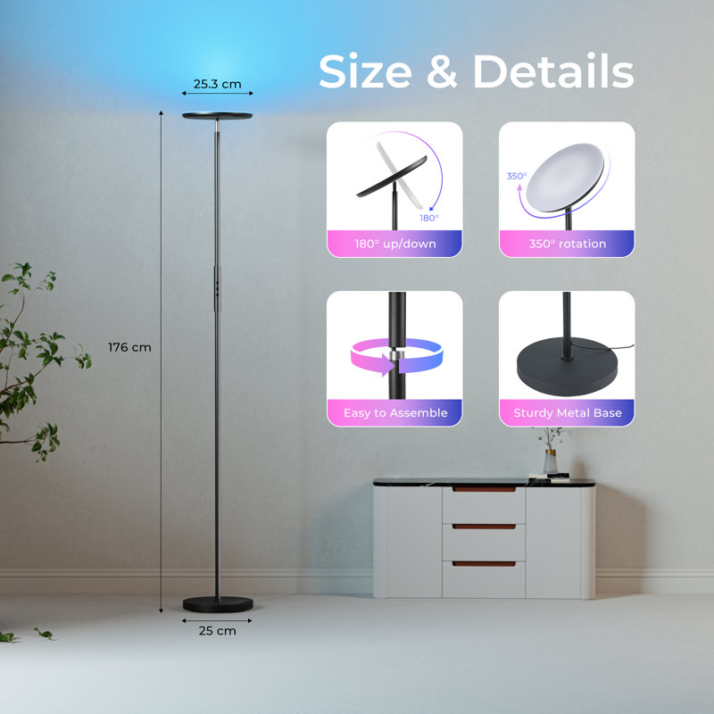 176cm Powder Coated Black LED Torchiere Floor Lamp with Smart Control and Outlet