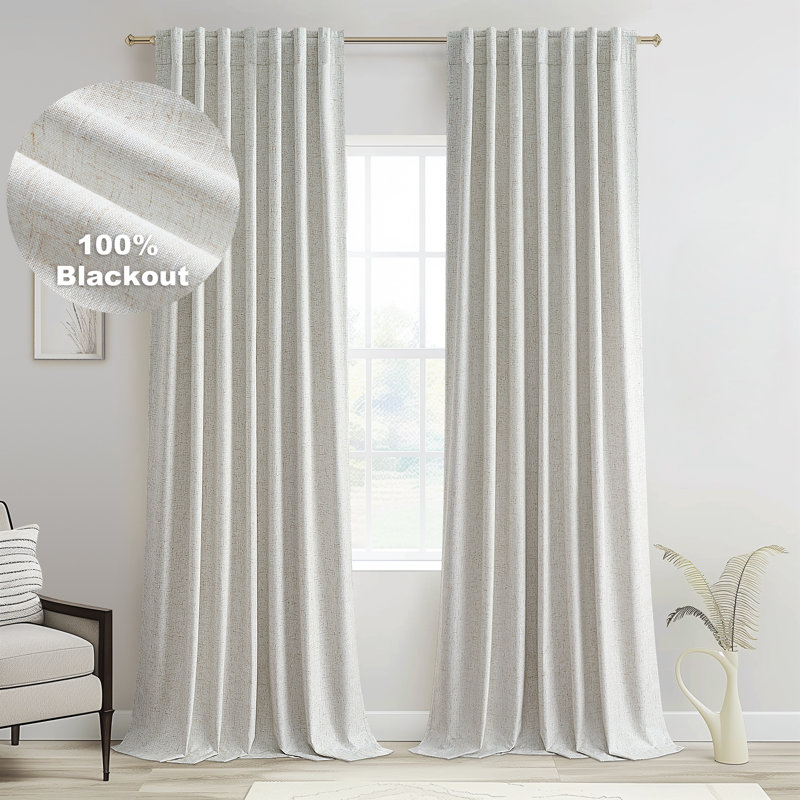 100% Blackout Thermal Insulated Linen Drapes,Back Tab Hooks Drapes (Set of 2,With Hooks), 52" W x 84" L, Natural