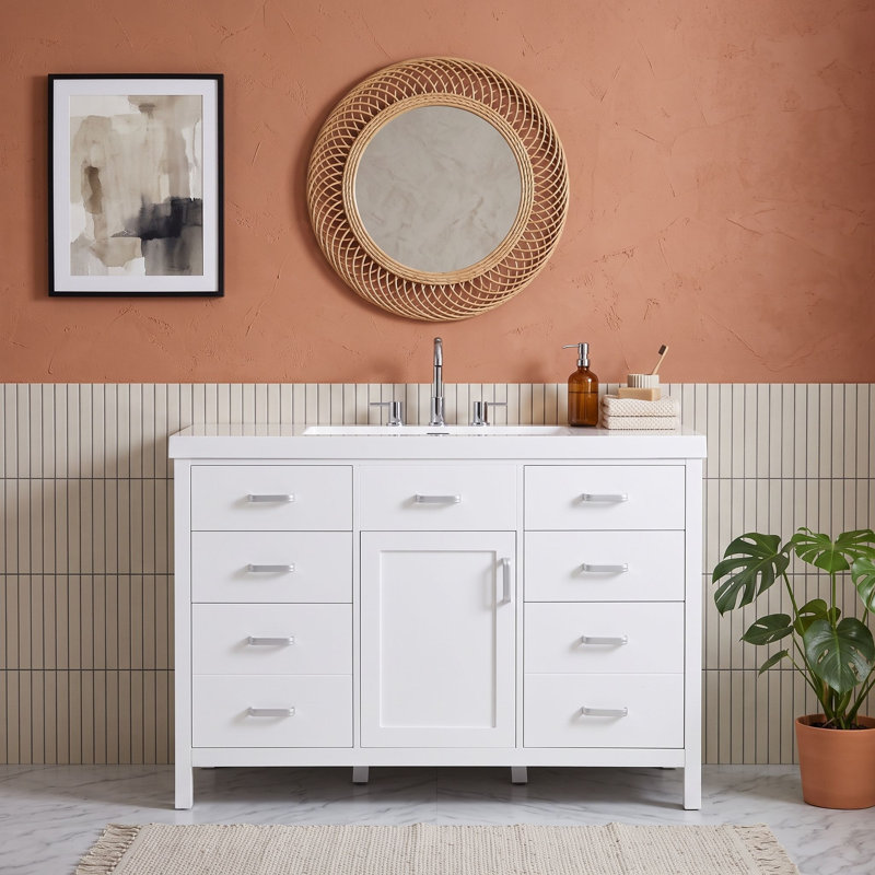 Meuble-lavabo autoportant avec lavabo, porte simple à fermeture en douceur et tiroirs de rangement