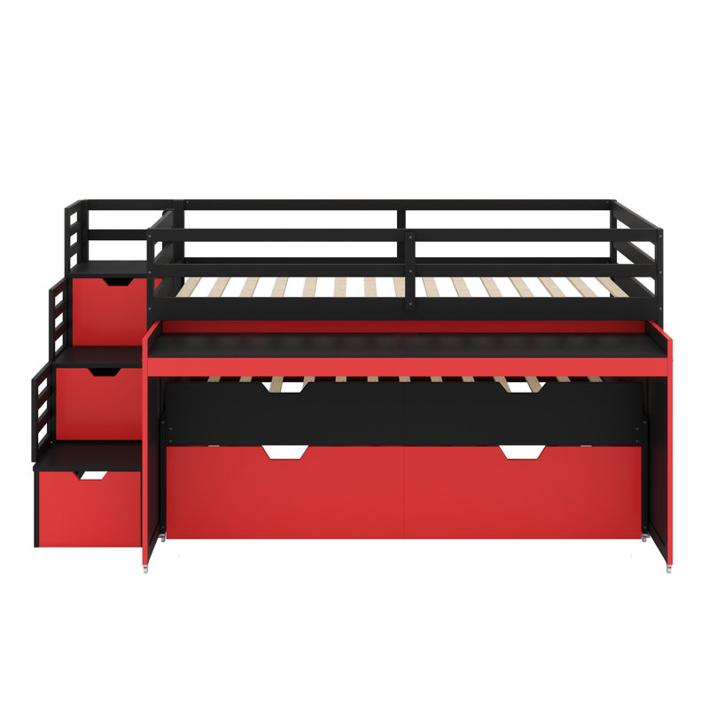 Lit mezzanine avec bureau coulissant, lit gigogne, tiroirs de rangement et marches Gaming & Workstation, Black+Red