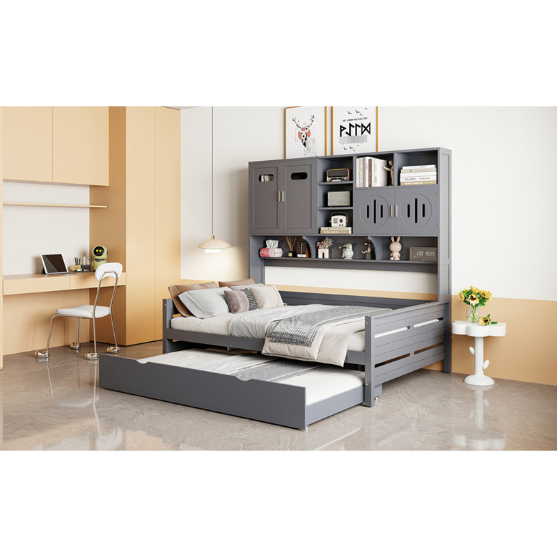 Lit de jour en bois avec lit gigogne simple, armoire et tablette de couleur gris, Lit double, Gris