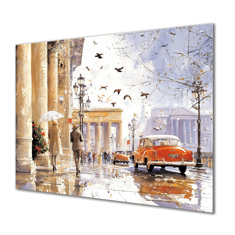 Rues romaines en Italie sous la pluie - Rome, impression métallique industrielle, H 34 po x l 44 po