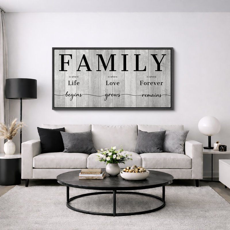 «Family Family Artwork», typographie moderne, photos de chambre, impression sur toile encadrée, 3 pièces, Gris, Cadre noir