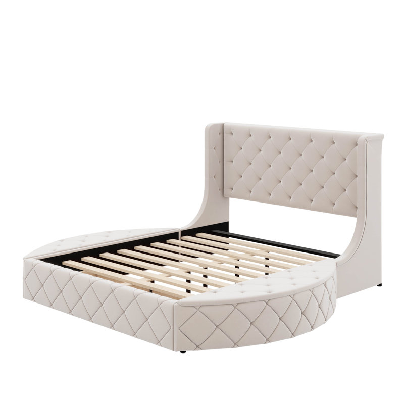 Lit plateforme tapissier en velours avec tête de lit à oreilles, 1 tiroir et 2 tabourets de rangement latéraux, Beige