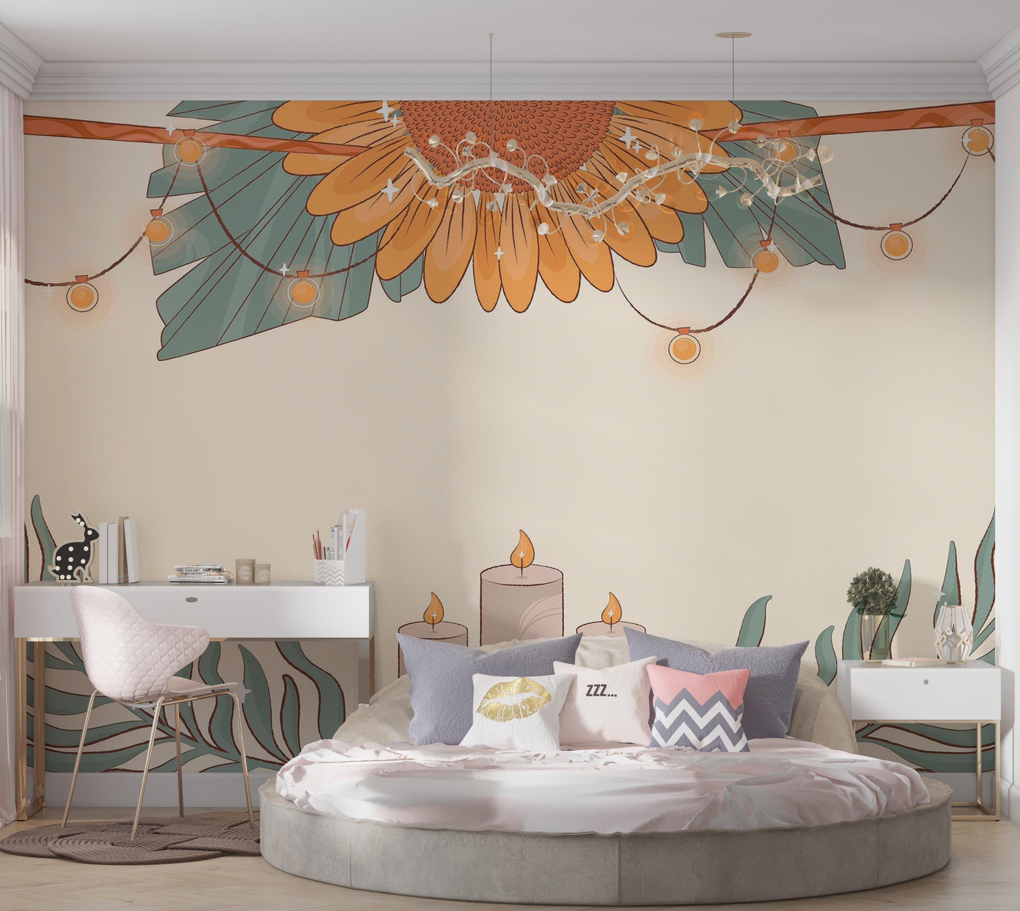 Wildon Home® Premium Wallpaper Wall Mural - Floral Candles Aesthetic