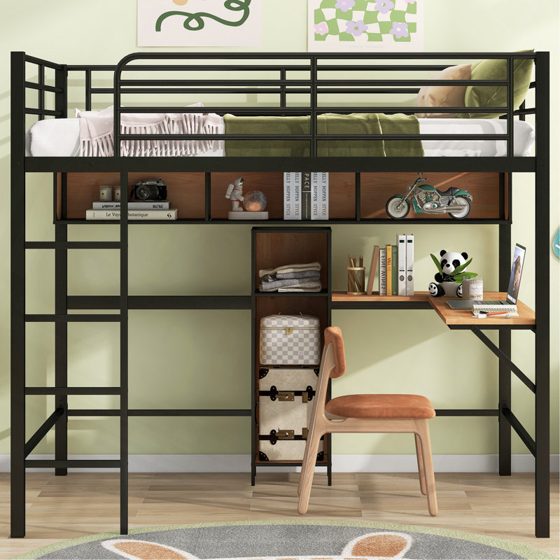 Lit mezzanine double en métal et bois avec bureau en L et tablettes, noir et brun