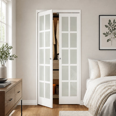 Portes pivotantes en verre trempé dépoli 30 po x 80 po, 10 carreaux, style porte-fenêtre, avec quincaillerie, portes intérieures blanches, installation facile, idéales pour placard, garde-manger, buanderie, chambre.