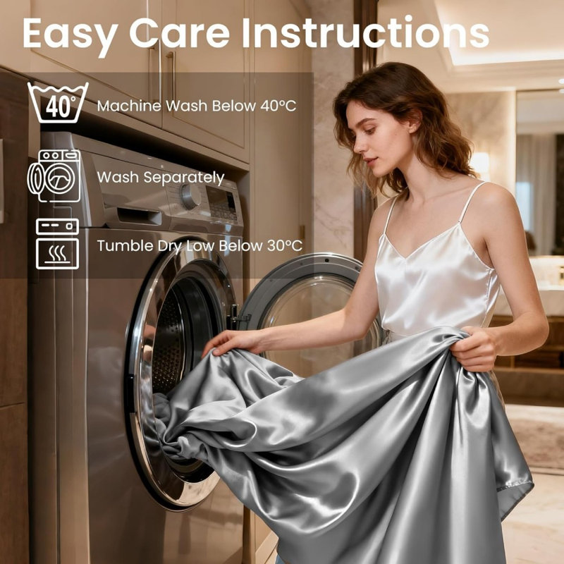 Ensemble de draps 4 pièces en satin gris satiné soyeux avec poches profondes