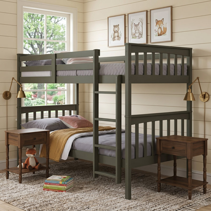 Lit superposé simple au-dessus de simple en bois massif avec table de chevet 3 pièces Aon Ames, Gris, Brun