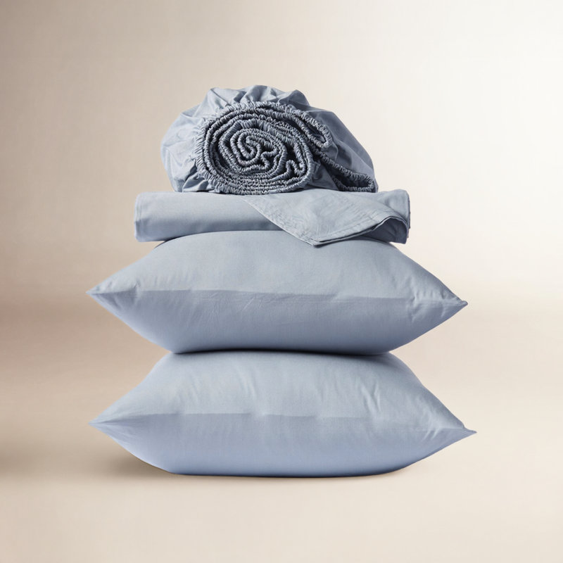 Organic Crinkled Percale 100% Cotton Percale Sheet Set, Queen Sheet Set with 2 Pillowcases, Steel Blue