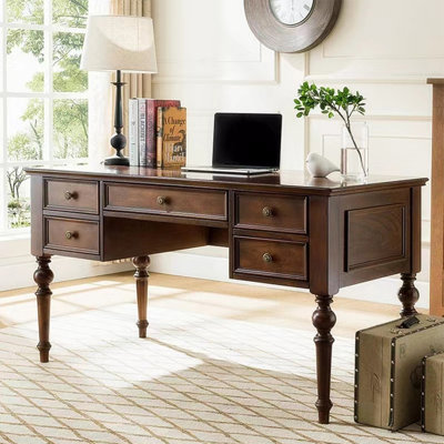 American-style country wood is all solid wood Nut-brown Rectangular with 5 drawers desk by Canora Grey