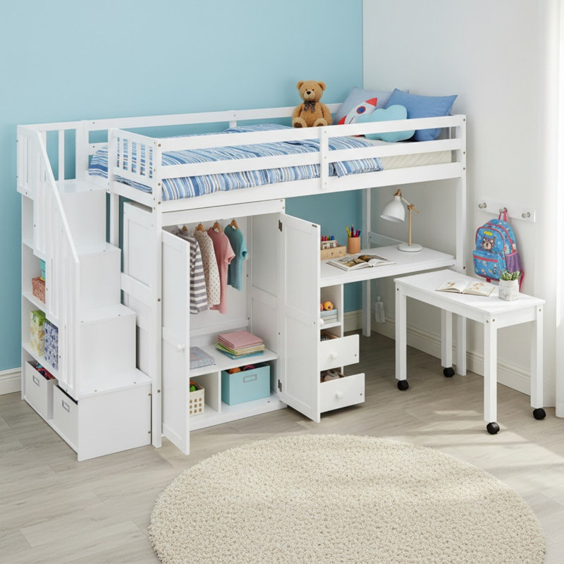 Lit mezzanine avec rangement et bureau, Simple, Blanc