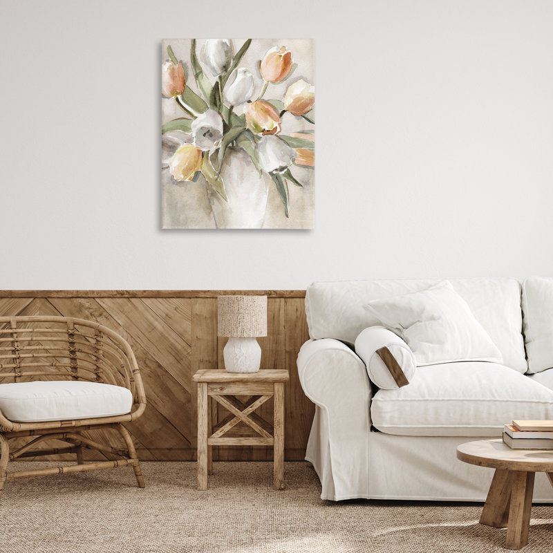 «Peach Tulips Bouquet», art mural par Carol Robinson, H 40 po x l 30 po