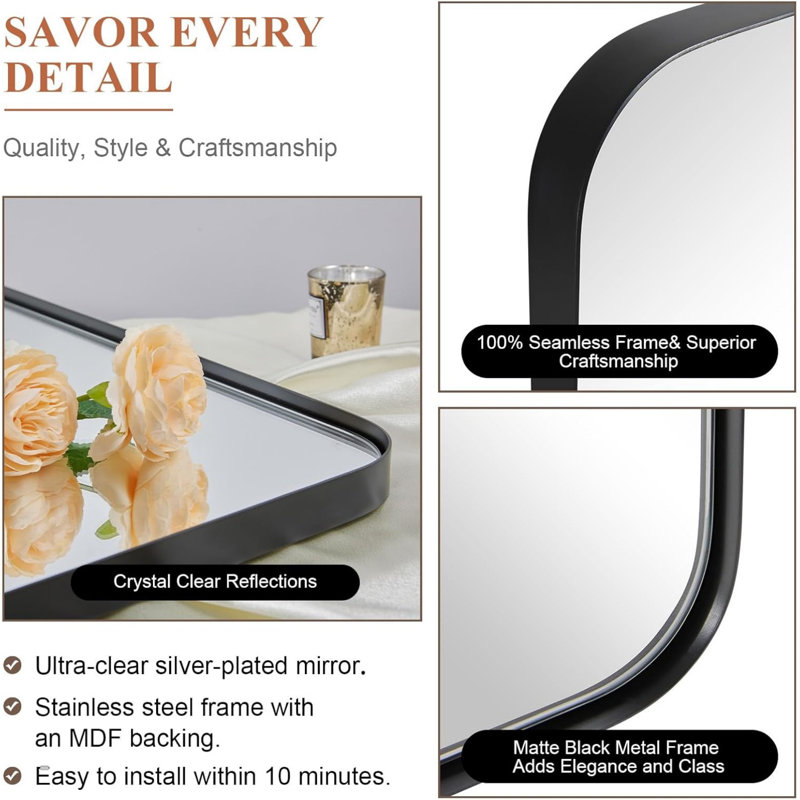 Miroir de salle de bain Inse Cadre en acier inoxydable, Noir mat, 48 po x 30 po