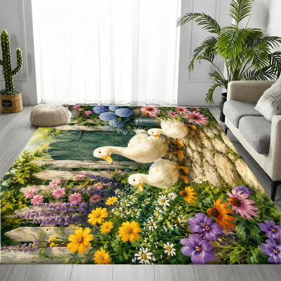 Cute Duckling Garden Floral Area Rug, Vivid Blossom Pattern, Machine Washable Non-Slip Floor Carpet, Charming Artistic Indoor Home Decor for Living Room, Bedroom, Entryway, Front Door, Kitchen, Balcony, Apartment