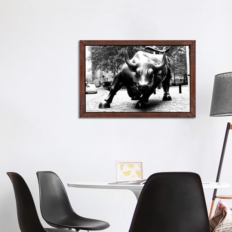 Wall Street Bull Black And White - Print on Canvas, 152.5 cm H x 101.5 cm W, Brown Framed