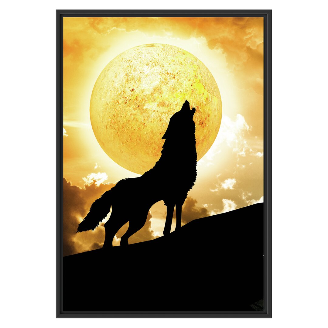 Gerahmtes Wandbild Wolf heult Mond an