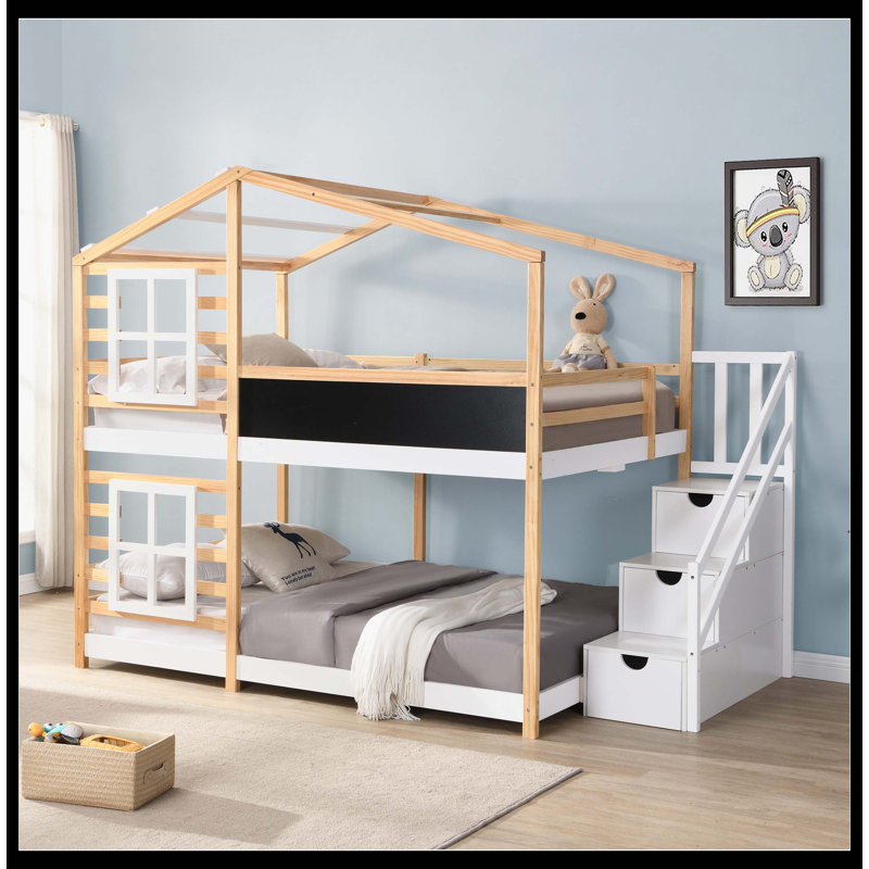 Full Over Full  Bunk Bed House Bed With Roof Windows Blackboard And Storage Ladder Platform Bed,Bed Frame, Full