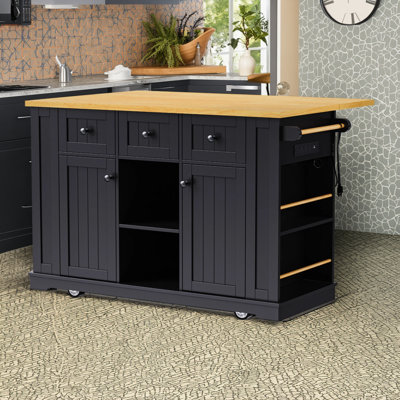 53-Inch Large Kitchen Island With Folding Plate, Power Outlet, In-Door Storage Shelf, 5-Wheel Cart With 5 Open Side Shelves, Suitable For Kitchen And by Lark Manor