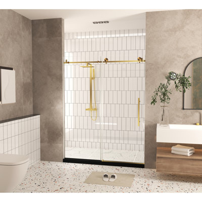 1/4"(6 Mm) Clear Tempered Glass Shower Door For Bathroom, American Design, Brushed Gold Stainless Steel Handle, - Proof Film, Large Wheels And Round Tracks, Easy To Clean Surface Bathroom 56 60"w X