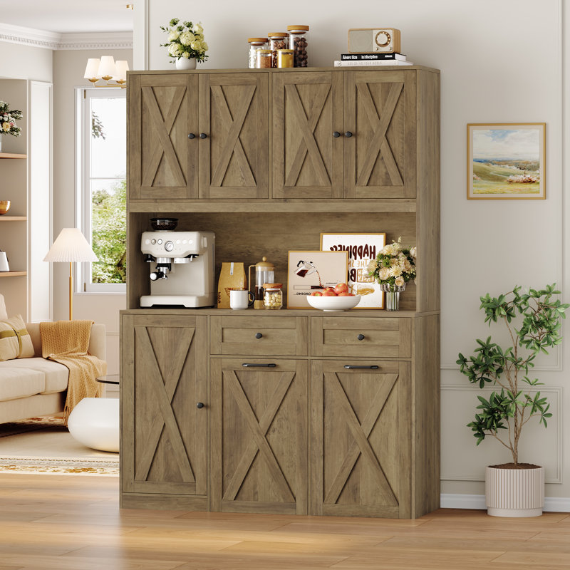 Garde-manger 70,9 po avec tablette à micro-ondes et armoire à poubelle à pousser, chien à l'épreuve des chiens, Brun rustique