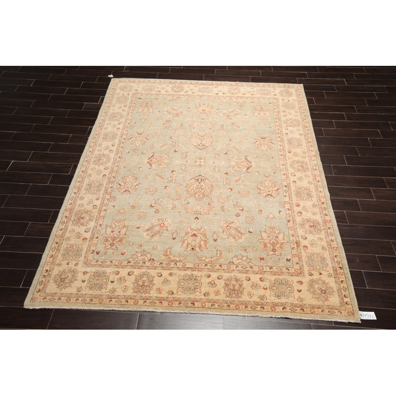 Tapis beige en laine noué à la main de conception unique 7 pi 9 po x 10 pi Galja