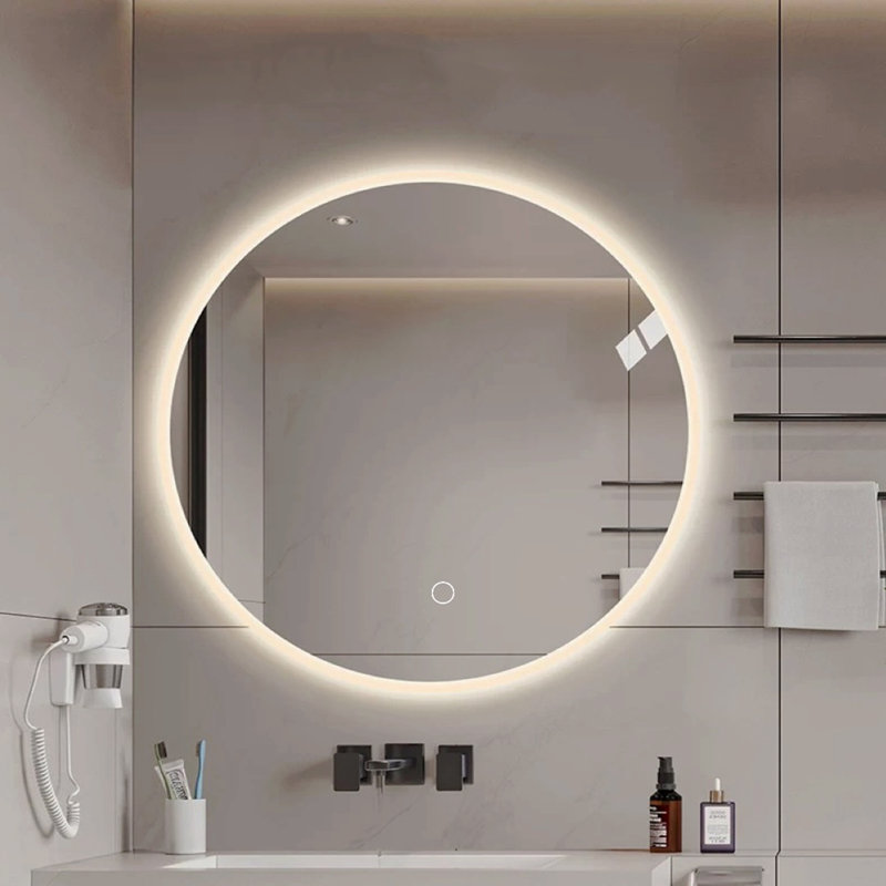 Miroir de salle de bain rond rond avec miroir de maquillage mural léger avec température de couleur réglable et fonction de gradation