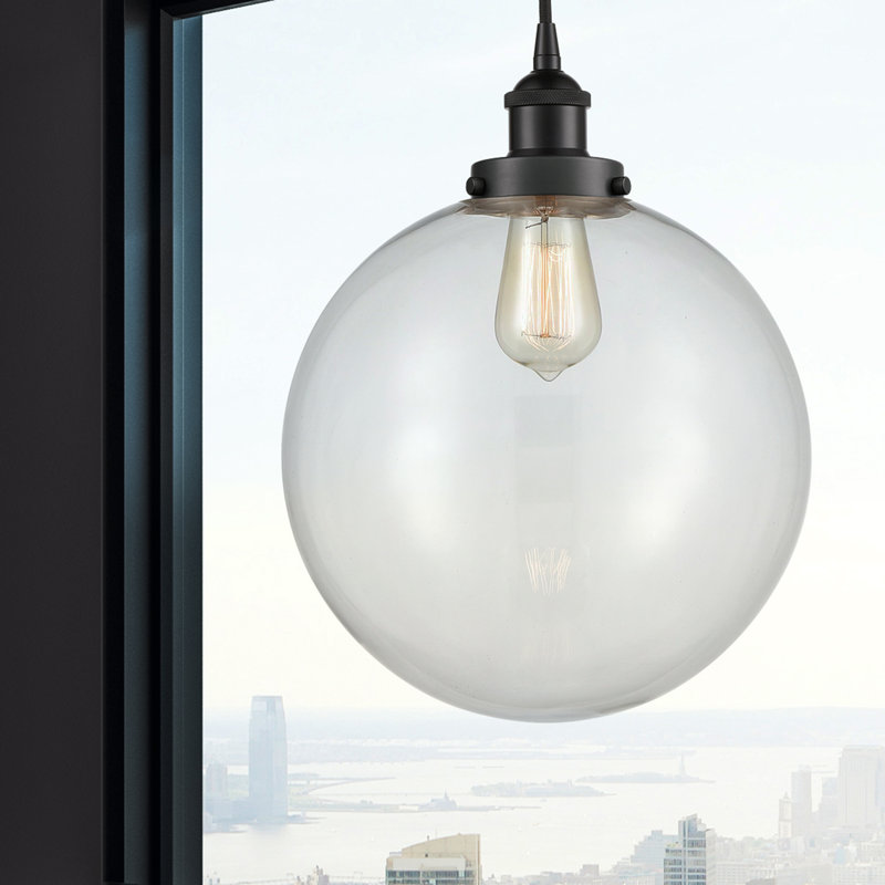 Luminaire suspendu simple à 1 lumière Frederick, H 15,5 po x l 12 po x P 12 po, Transparent, Noir mat
