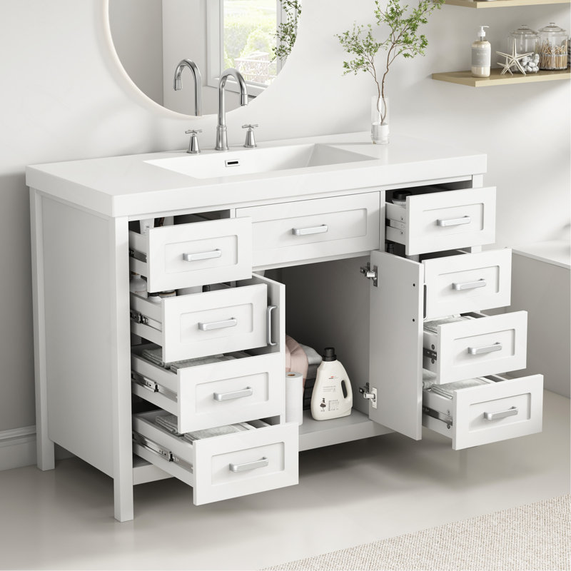 Meuble-lavabo 48 po avec lavabo, 2 portes et 8 tiroirs, système de fermeture en douceur, design classique, blanc, White