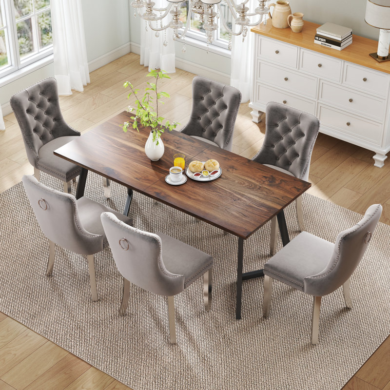 Ensemble de salle à manger rectangulaire en bois avec chaise capitonnée, Gris, 7