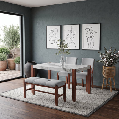 Ensemble de table de salle à manger 4 pièces avec table en faux marbre, chaises rembourrées et banc pour la salle à manger