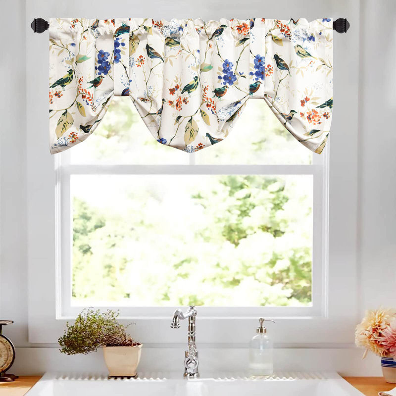 One Panel 18 Inch Long Window Curtain Valance, Birds Blue