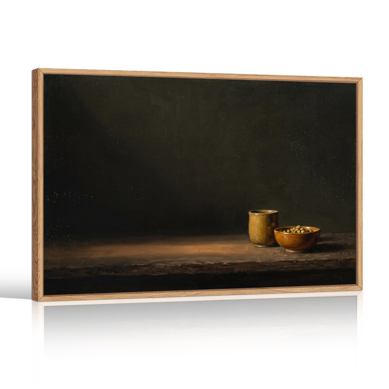 Impression sur toile, tasse en céramique et bol de pois sur fond foncé, H 36 po x l 48 po