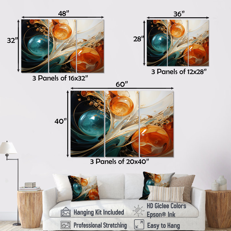 Encre blanche blanche, bleue et orange III - art mural abstrait, H 28 po x l 36 po x P 1 po, Toile tendue