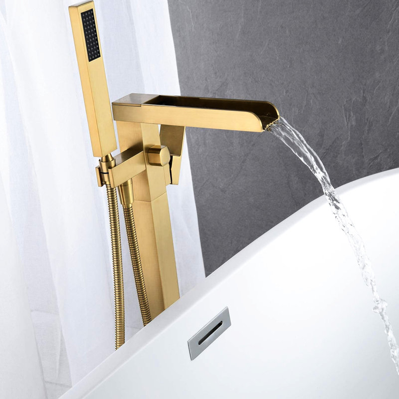 Robinet de baignoire pour salle de bain - Fixé au sol, or brossé, avec poignée levier et douchette à main polyvalente
