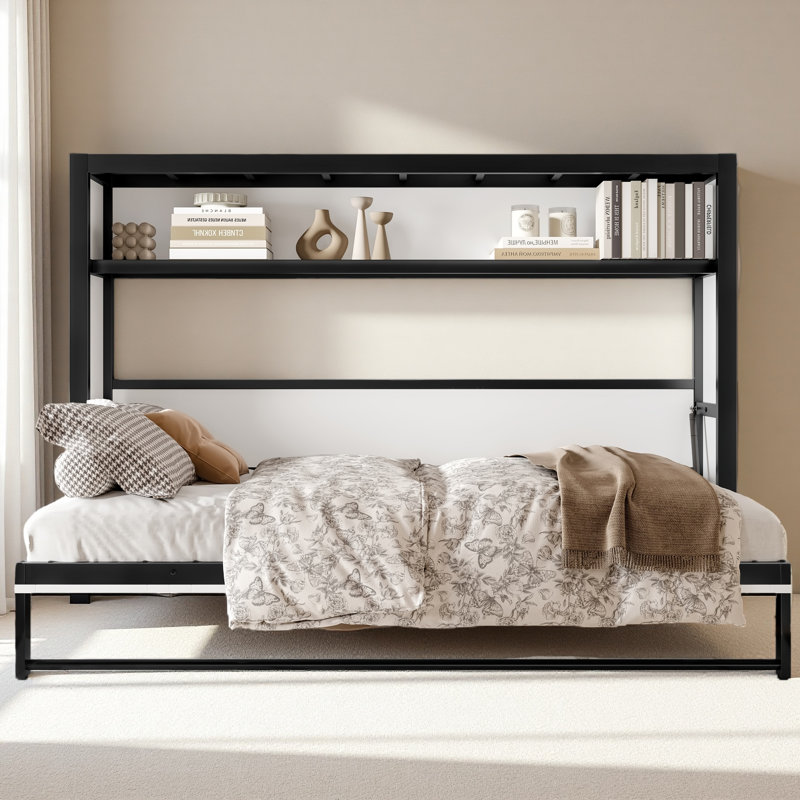 Twin Size Murphy Bed with Shelves and USB, Foldable Space-Saving Metal Wall Bed Frame for Guest Room or Home Office, White