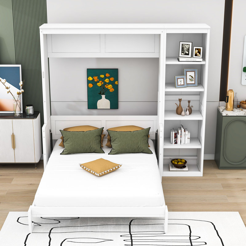 Lit escamotable en bois avec tablettes de rangement et bureau, Double, Blanc