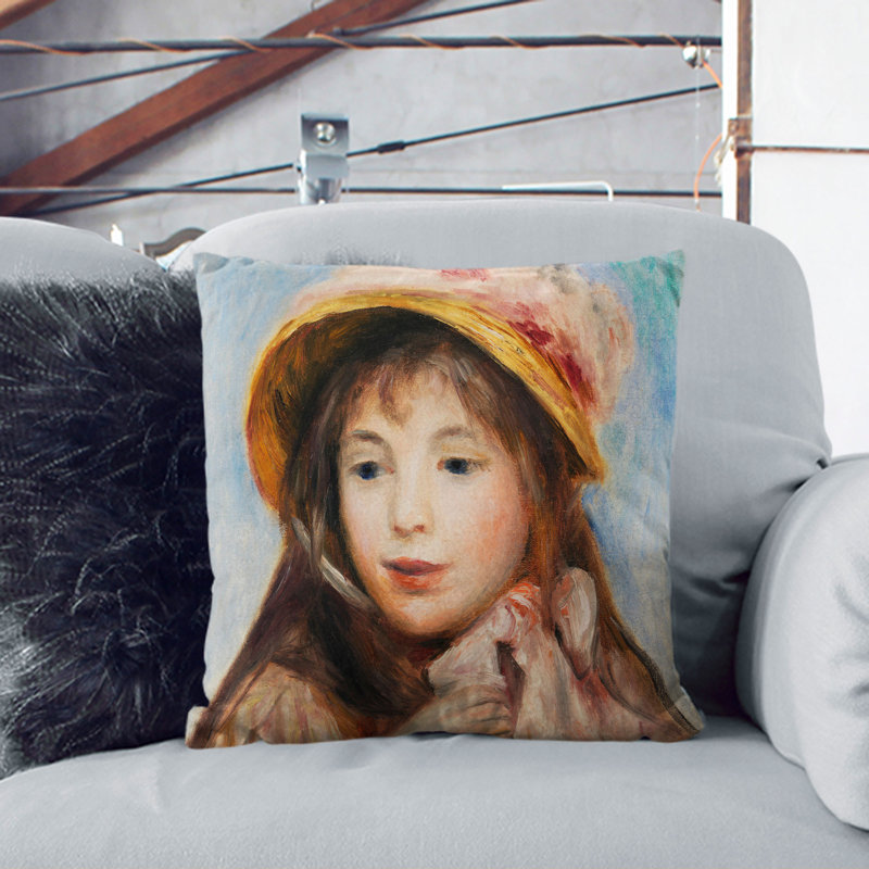 Girl With Pink Bonnet Square Throw Cushion, White, 40cm H x 40cm W x 15cm D