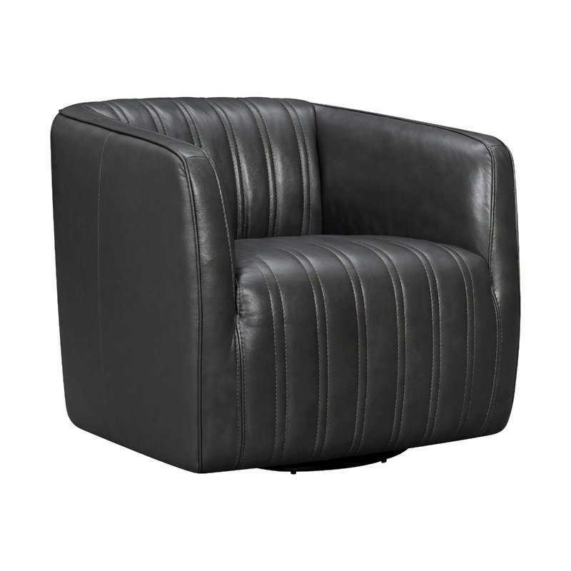 Dingeman Upholstered Swivel Barrel Chair, Pewter Genuine Leather