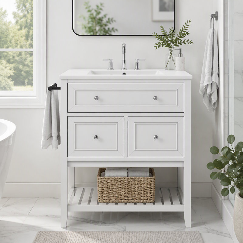 Meuble-lavabo de salle de bain avec lavabo en céramique, tiroirs et tablette ouverte, Blanc