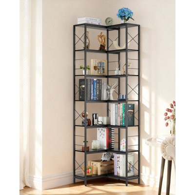 Bibliothèque de coin industrielle à 7 niveaux, étagère de rangement ouverte rustique avec structure en métal et tablettes en bois, bibliothèque autoportante en forme de L pour le salon, la chambre à coucher, le bureau à domicile