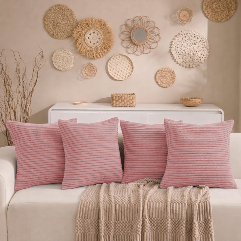 Aspire Homeware Striped Square Velvet Cushion Cover, Light Pink, Pack of 4