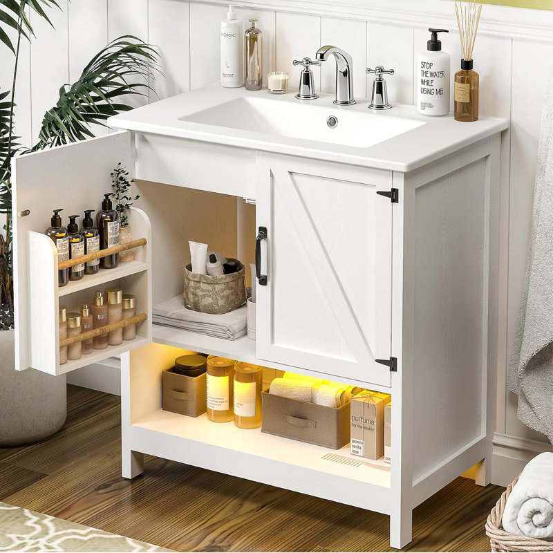 30" Single Bathroom Vanity with Ceramic Top & LED Light, White, Triple
