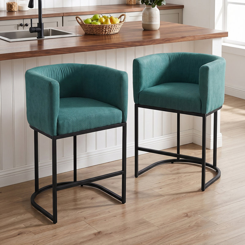 Upholstered Bar Stool with Iron Frame, Green / Black